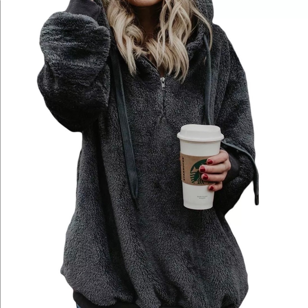 Gray Hooded Faux Fur Pullover w/ Pockets